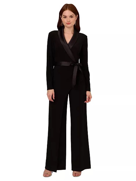 Adrianna Papell Black Satin-Trim Wrap Jumpsuit